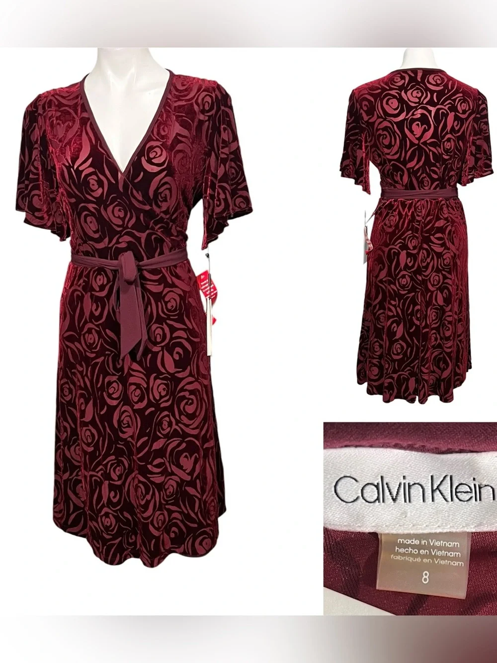 Calvin Klein dress size 8 deep Wine Red Floral Velvet Faux-Wrap tie-waist